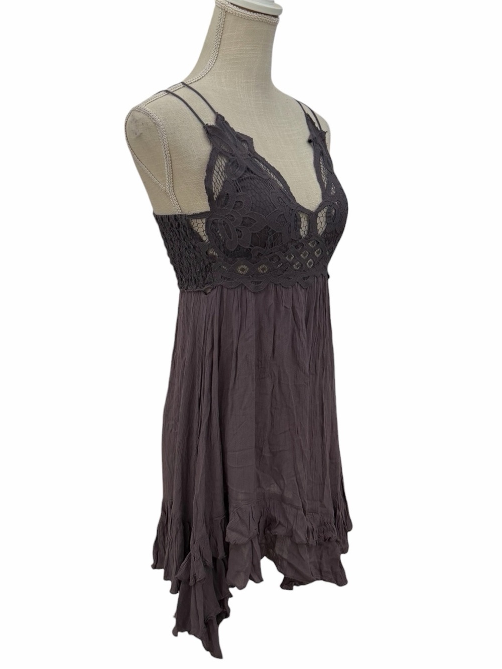 Free People Adella Lace Slip Dress Gray Small Boho Asymmetric Mini - Picture 3 of 12